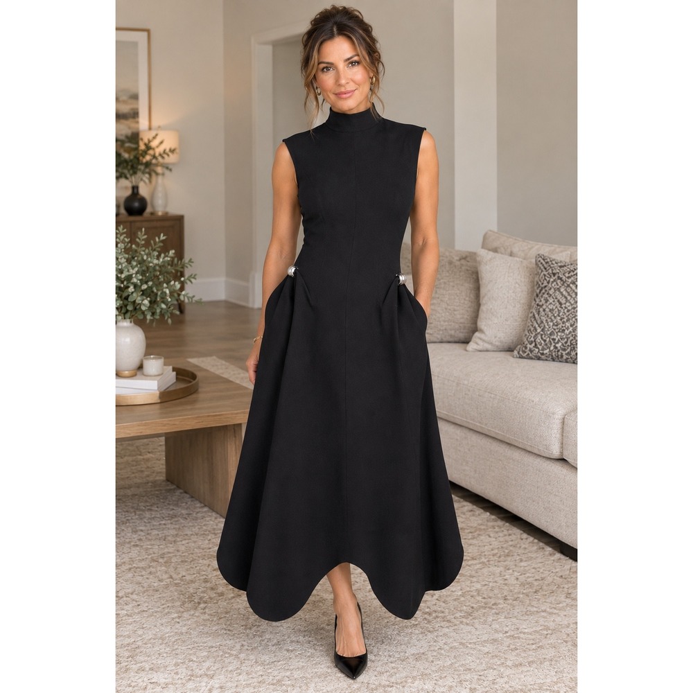 Women Midi Dress Black Avant Garde High Neck Draped Pocket S